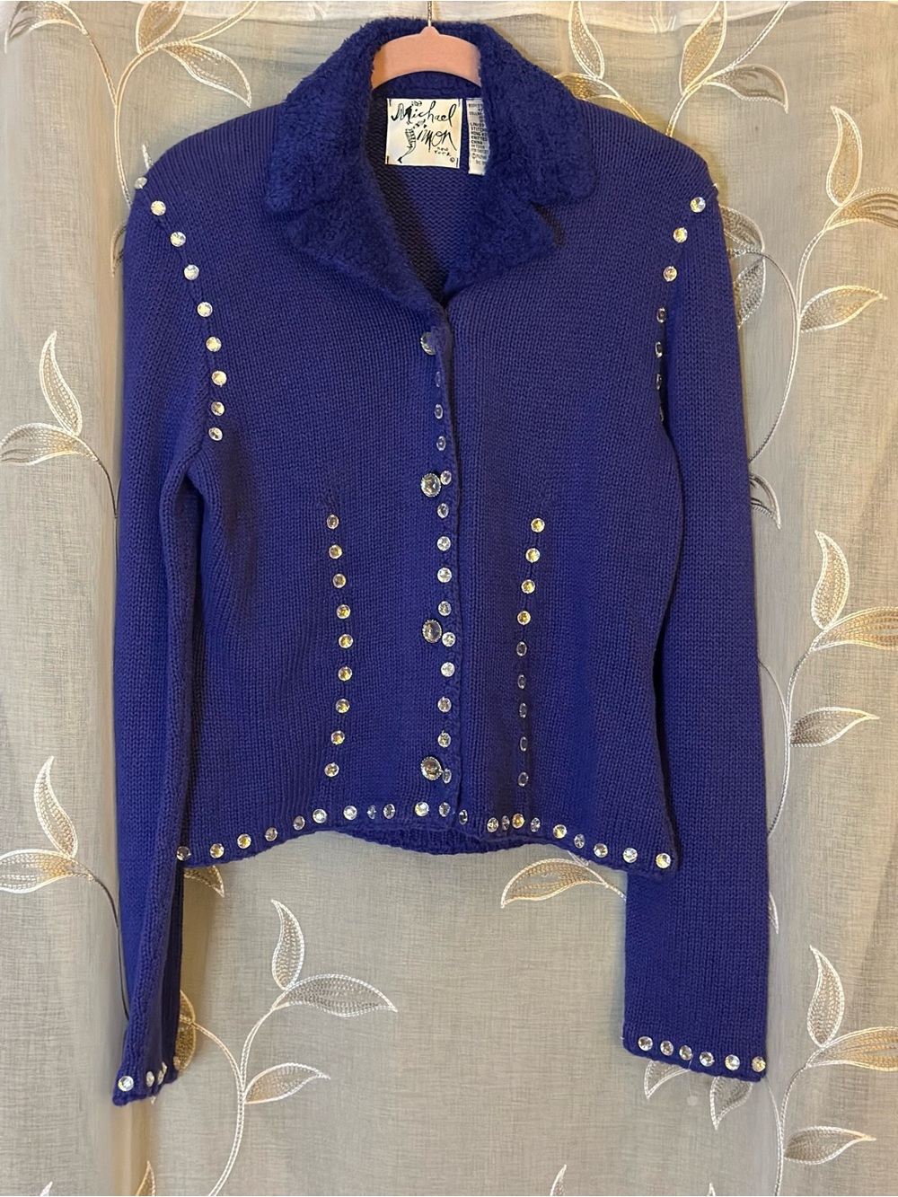 Vintage 1998 Michael Simon Purple Rhinestone Cardigan Sweater Jacket S